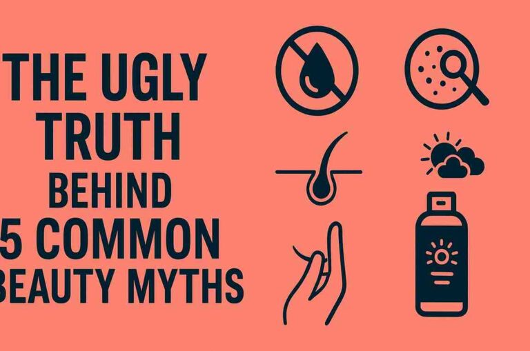 Beauty Myths. This featured image illustrates five common beauty myths with symbolic icons—such as moisturizer, pores, gray hair, natural products, and sunscreen—set