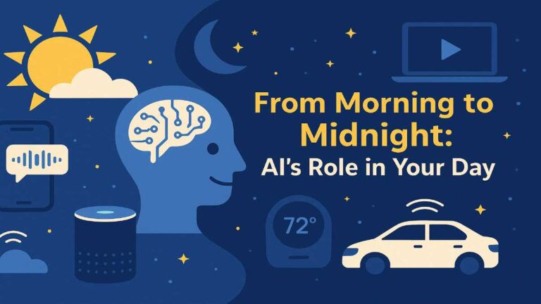 AI in everyday life. An illustrated scene depicting AI’s presence throughout daily life, featuring smart devices like phones, speakers, and cars, with a human silhouette representing artificial intelligence interacting with various technologies.