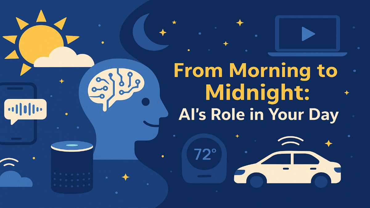 AI in everyday life. An illustrated scene depicting AI’s presence throughout daily life, featuring smart devices like phones, speakers, and cars, with a human silhouette representing artificial intelligence interacting with various technologies.