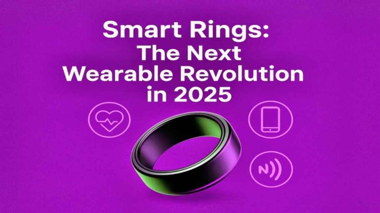 This featured image showcases a modern smart ring against a deep blue background, highlighting icons for health tracking, NFC payments, and mobile connectivity. It visually represents the wearable tech trend expected to dominate 2025.