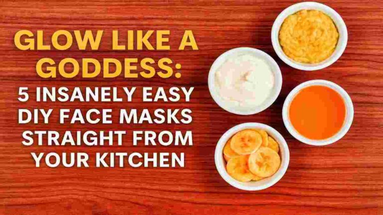 DIY Face Masks Using Kitchen Ingredients. A top-down view of four natural ingredients—banana, yogurt, honey, and avocado—arranged in bowls on a wooden surface with a bold, engaging text overlay promoting homemade face masks.