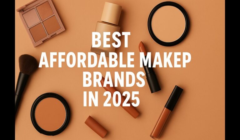 Flat lay of affordable makeup products with text "Best Affordable Makeup Brands in 2025"