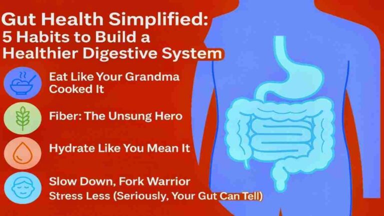 Gut health habits. This 16:9 infographic visually summarizes five gut-healthy habits including eating whole foods, adding fiber, drinking water, mindful eating, and stress reduction—backed by gut-brain axis science.
