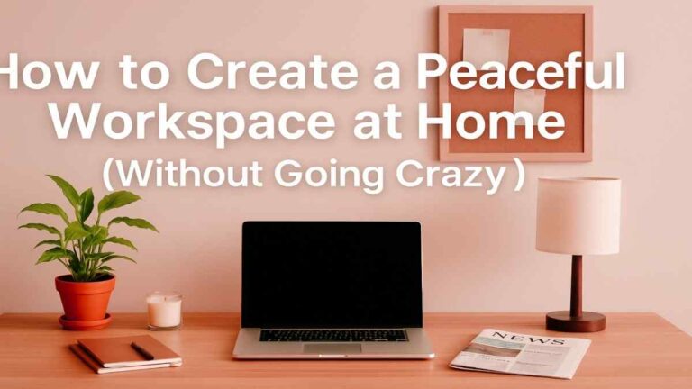 This featured image displays a serene home office setup including a wooden desk, potted plant, laptop, candle, and news headline. Designed to visually support the blog topic on creating a peaceful and productive work-from-home environment.