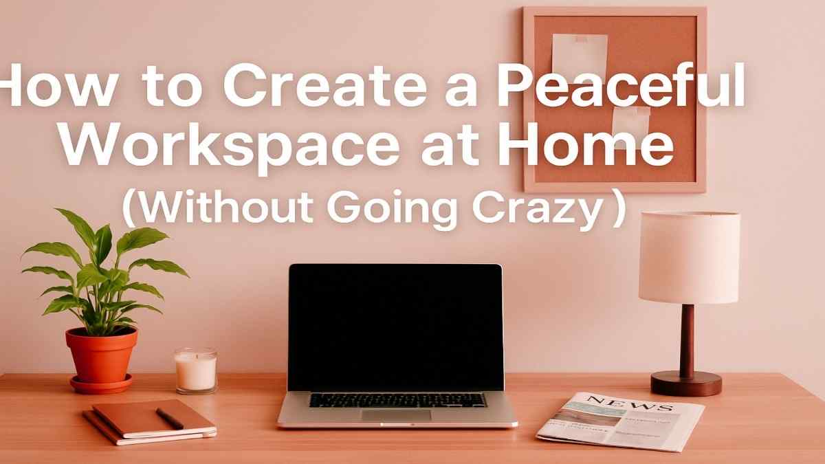 This featured image displays a serene home office setup including a wooden desk, potted plant, laptop, candle, and news headline. Designed to visually support the blog topic on creating a peaceful and productive work-from-home environment.