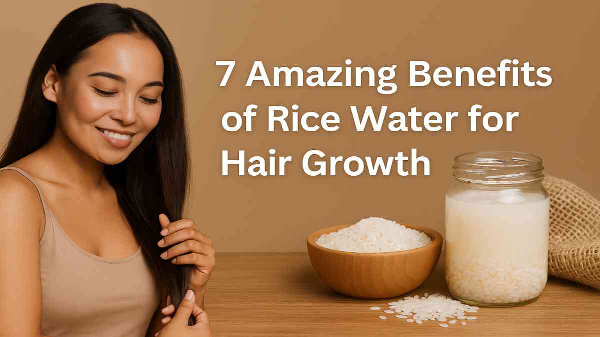 Smiling woman with long, healthy hair sitting beside a jar of rice water and a bowl of uncooked rice, featuring headline text '7 Amazing Benefits of Rice Water for Hair Growth' — ideal for promoting natural hair growth remedies.
