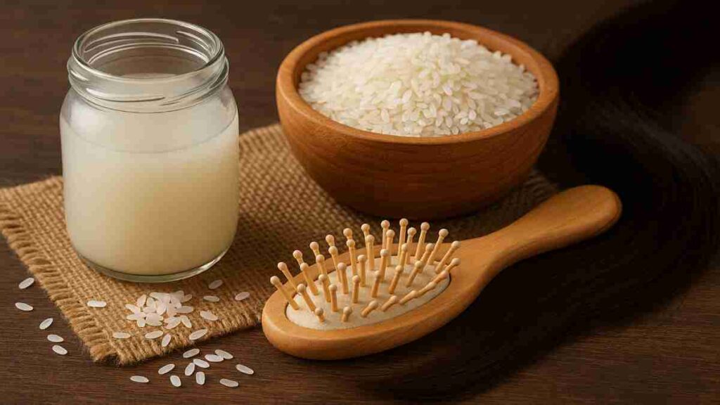 7 Amazing Benefits of Rice Water for Hair Growth (You’ll Love ) 2 Natural hair care ingredients including a glass jar of rice water, a wooden bowl of white rice, and a hairbrush with strands of dark hair on a rustic wooden table — promoting the benefits of rice water for hair growth.