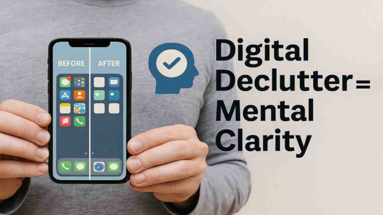 Realistic photo showing a person holding a smartphone with a split-screen view—one side cluttered with apps and notifications, the other clean and organized—featuring the text "Digital Declutter = Mental Clarity" to emphasize the benefits of phone decluttering.