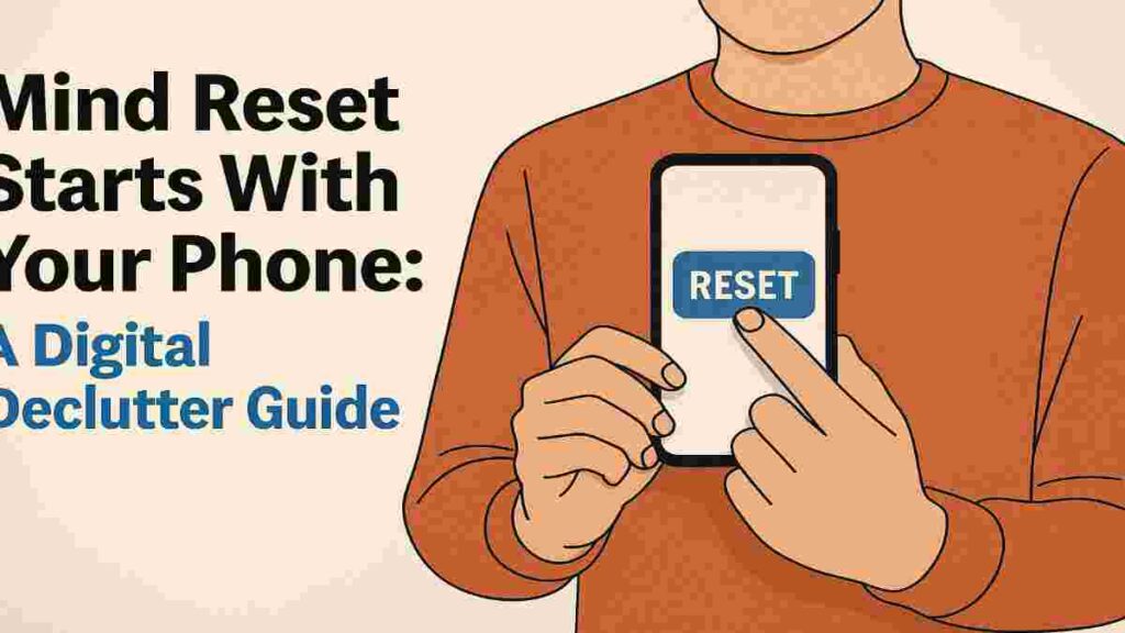 Illustration of a person pressing a reset button on a smartphone with the title "Mind Reset Starts With Your Phone: A Digital Declutter Guide," symbolizing the start of mental clarity through digital organization.