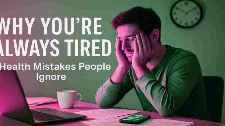 A fatigued young man sitting at a desk late at night with a coffee cup, laptop, and papers, representing exhaustion from common health mistakes that cause tiredness.