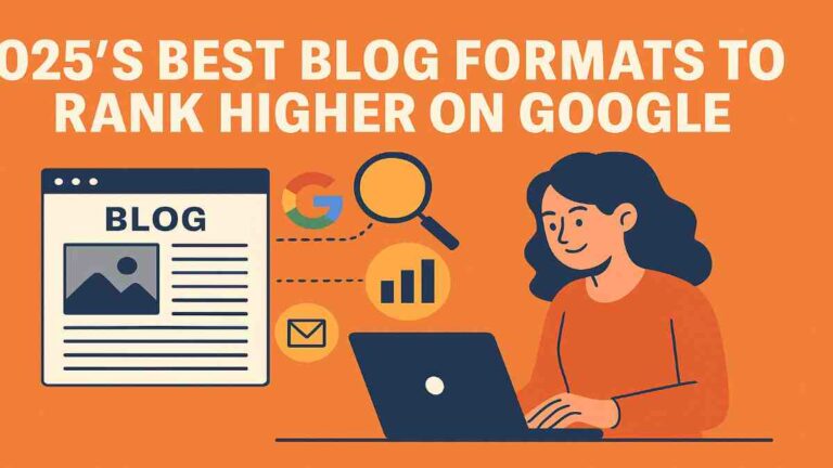 Colorful illustration of a female blogger working on a laptop with blog interface, Google logo, and analytics icons, highlighting the best blog formats for SEO in 2025.