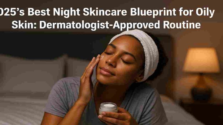 Young woman applying skincare cream in bed as part of her nighttime oily skin routine for 2025, smiling and relaxed. Night Skincare for Oily Skin