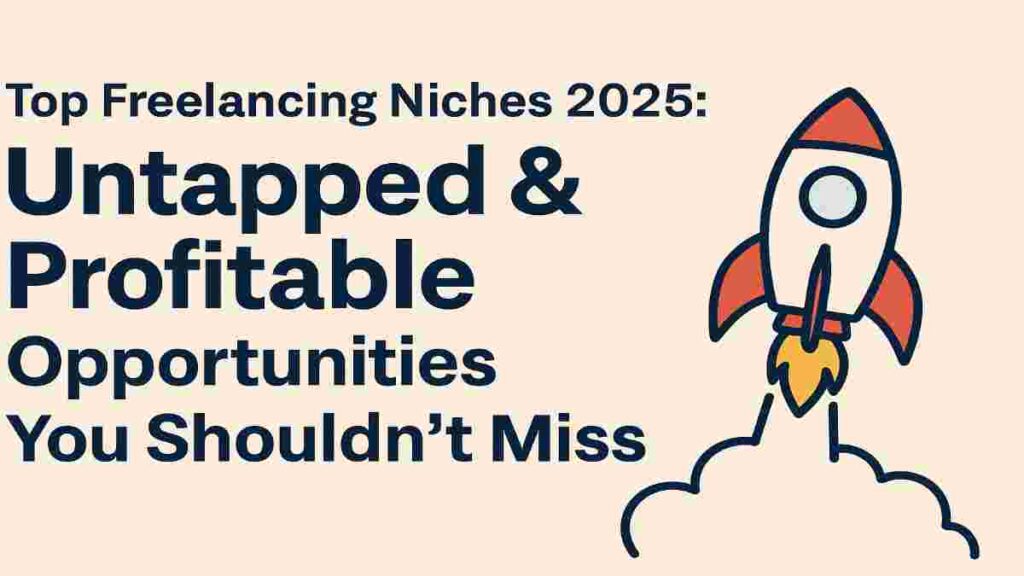 Illustration of a rocket launching with the title 'Top Freelancing Niches 2025: Untapped & Profitable Opportunities You Shouldn’t Miss' symbolizing growth and emerging opportunities in freelancing