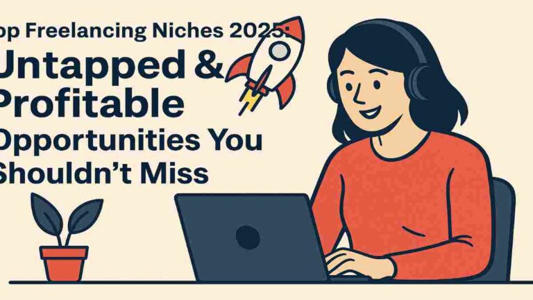 Flat-style illustration of a woman freelancing on a laptop with a rocket icon and the headline 'Top Freelancing Niches 2025: Untapped & Profitable Opportunities You Shouldn’t Miss' emphasizing trending and profitable freelancing opportunities