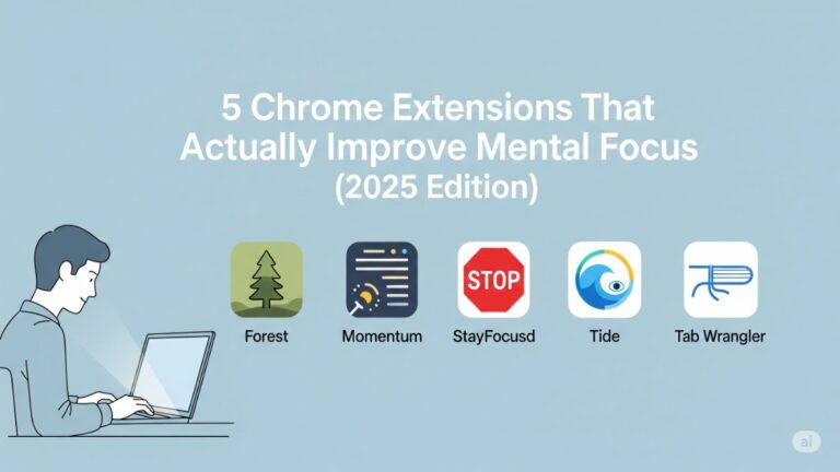 A person working on a laptop with logos of Chrome extensions that improve mental focus in 2025