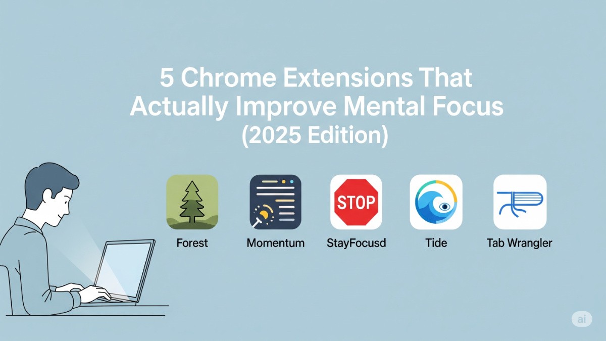 A person working on a laptop with logos of Chrome extensions that improve mental focus in 2025