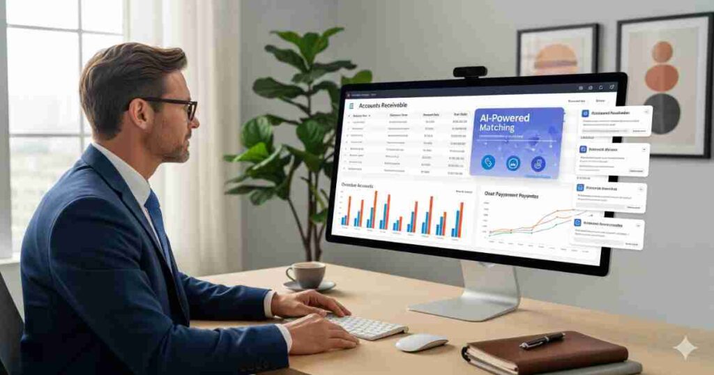 Artificial Intelligence in Accounts Receivables office dashboard with AI-powered analytics