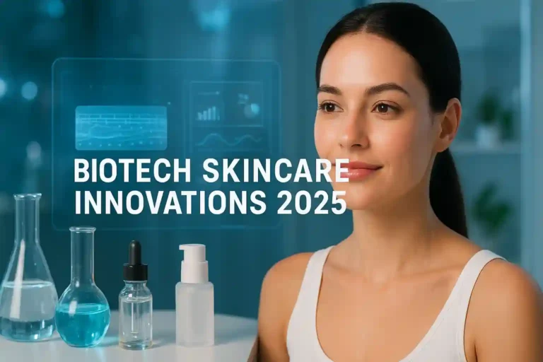 Biotech Skincare Innovations 2025 hero image with lab-grown skincare ingredients and glowing skin”