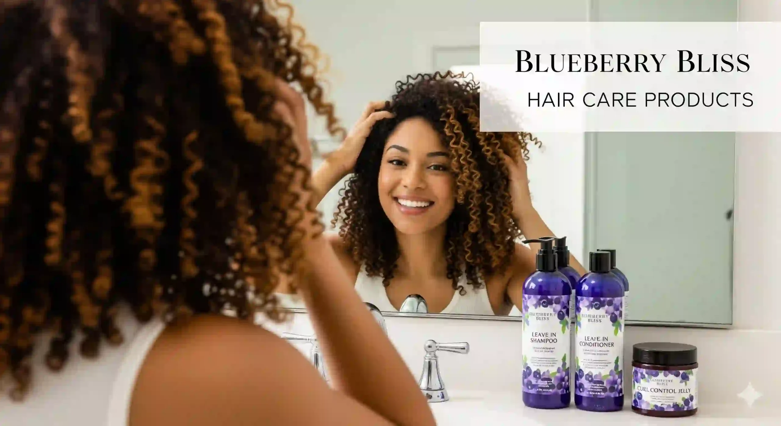 Hero image of blueberry bliss hair care products for curly hair routine