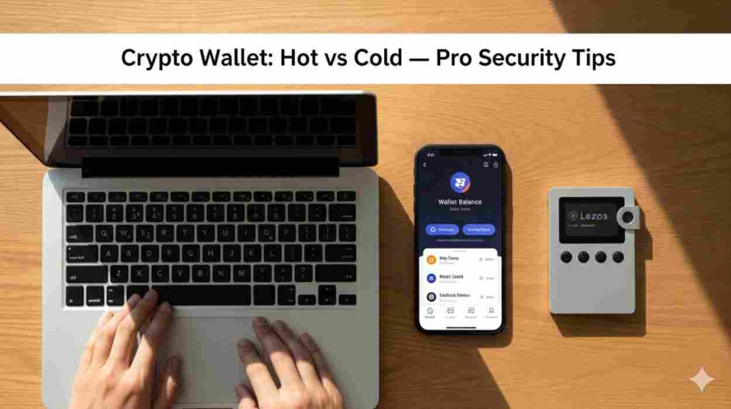 Crypto Wallet: Hot vs Cold comparison image with hot wallet and cold wallet side by side