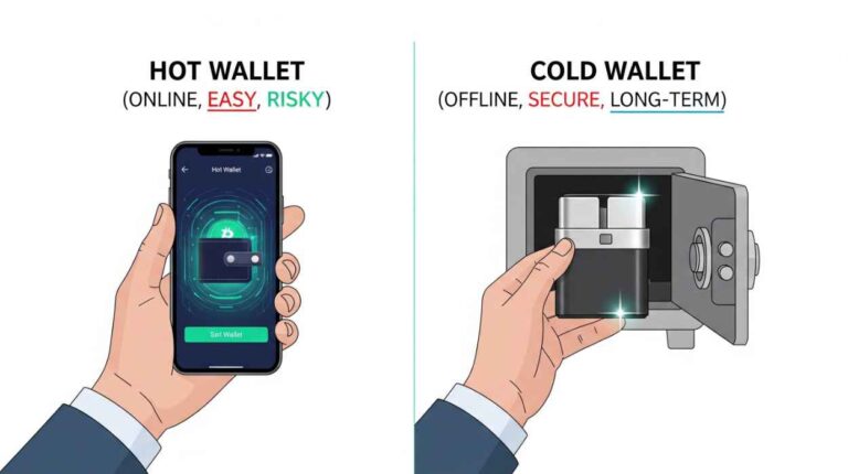 Crypto Wallet: Hot vs Cold hero image with hot wallet app and cold wallet device