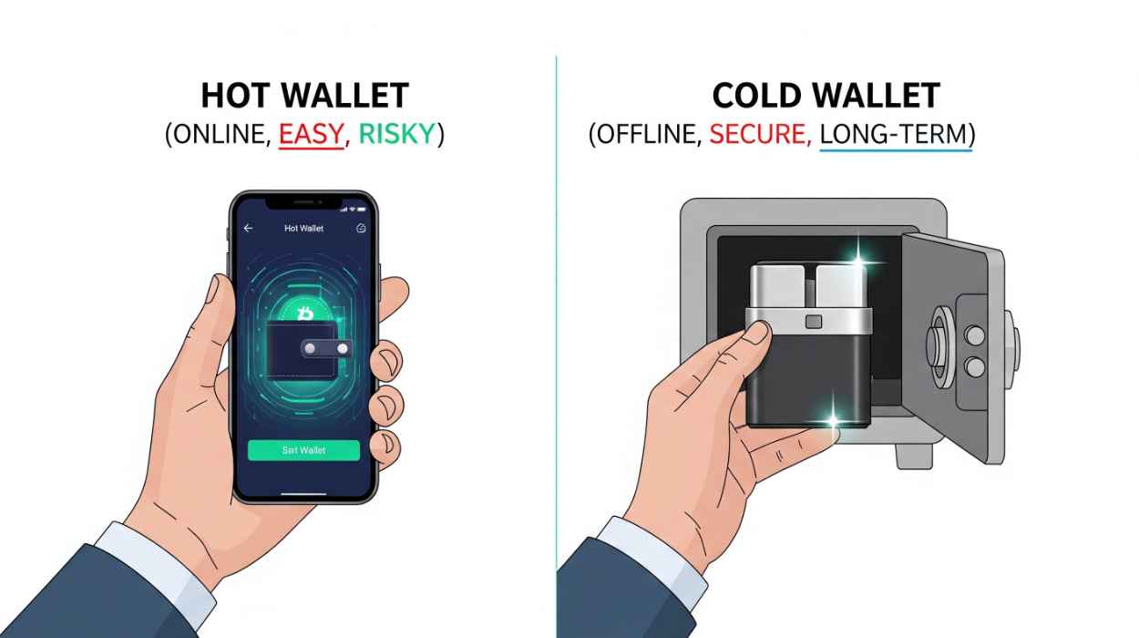 Crypto Wallet: Hot vs Cold hero image with hot wallet app and cold wallet device