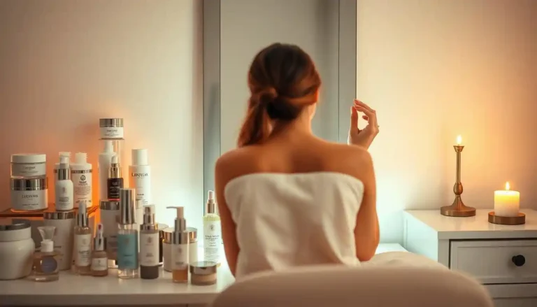 A woman seen from behind, wrapped in a white towel, sits at a vanity table laden with skincare products, looking at her reflection in a mirror in a room softly lit by candles.