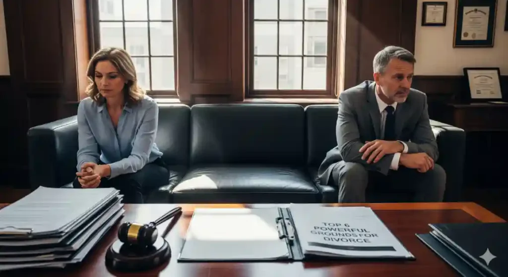 Grounds for divorce courtroom illustration
