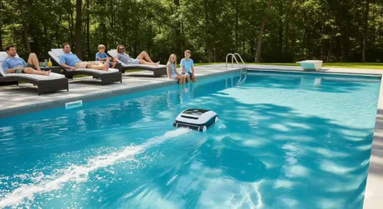 Hero image of a robot to clean the pool working in a backyard pool