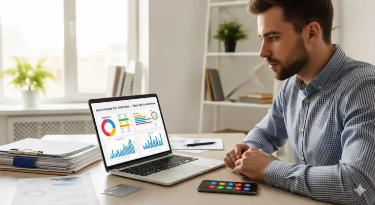 How to Improve Your Credit Score hero image with credit report and charts