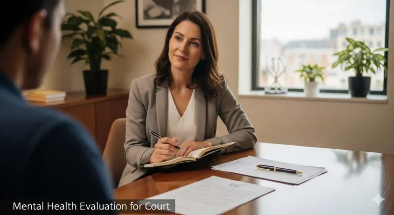 Mental health evaluation for court with licensed psychologist in office setting.