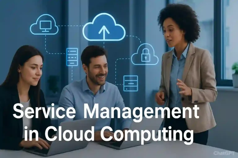 Service management in cloud computing team discussion with cloud icons.