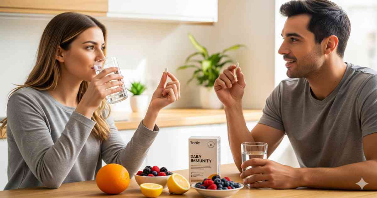Can High Cholesterol Make You Gain Weight? Causes, Risks & Solutions 4 Tonic daily immunity hero image with supplements and fresh fruits in morning routine
