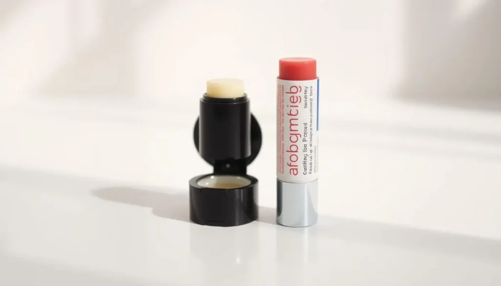 A tightly-framed close-up of two lip balm products placed side-by-side on a softly-lit, clean, white background. The products are clearly distinct, with one displaying a classic cylindrical tube design and the other a sleek, modern compact. Vibrant, natural lighting casts subtle shadows, highlighting the textures and materials of each item. The scene conveys a sense of simplicity and focus, allowing the viewer to easily compare and contrast the two lip care options.