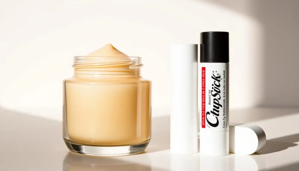Elegant glass jars filled with creamy, shimmering lip balm and classic ChapStick sticks stand side by side, bathed in soft, directional lighting. The balm's texture appears lush and nourishing, while the ChapStick has a sleek, utilitarian design. In the background, a minimalist, off-white backdrop creates a clean, studio-like setting, allowing the products to take center stage. The composition highlights the differences in appearance and packaging between these two popular lip care items, inviting the viewer to consider their unique qualities and benefits.